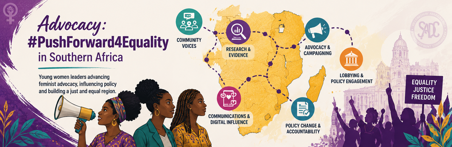 A dynamic advocacy-themed image representing collective action for gender equality across Southern Africa, featuring diverse 