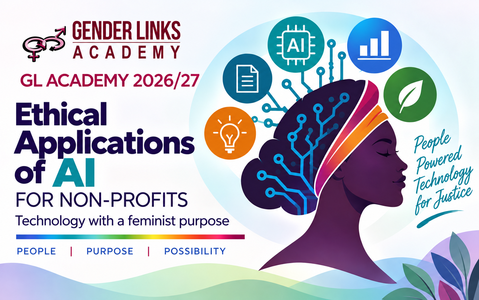 GL Academy course graphic for Ethical Applications of AI for Non-Profits, featuring a woman with digital circuitry and icons 