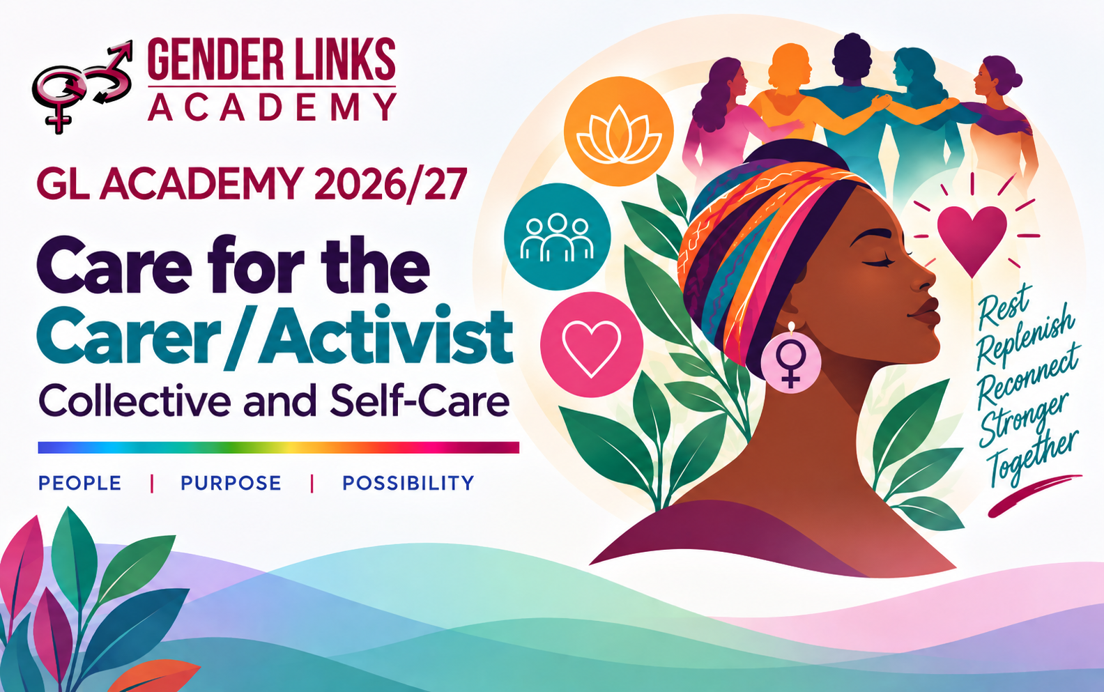 GL Academy course graphic for Care for the Carer/Activist, featuring a woman surrounded by leaves, care and wellbeing symbols