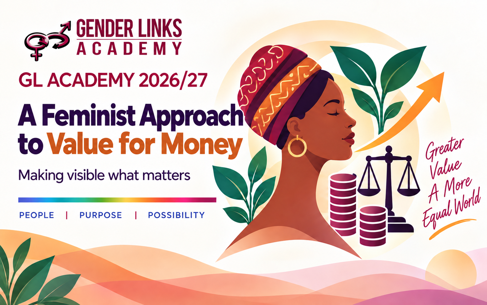GL Academy course graphic for A Feminist Approach to Value for Money, featuring a woman alongside scales, coins, growing plan