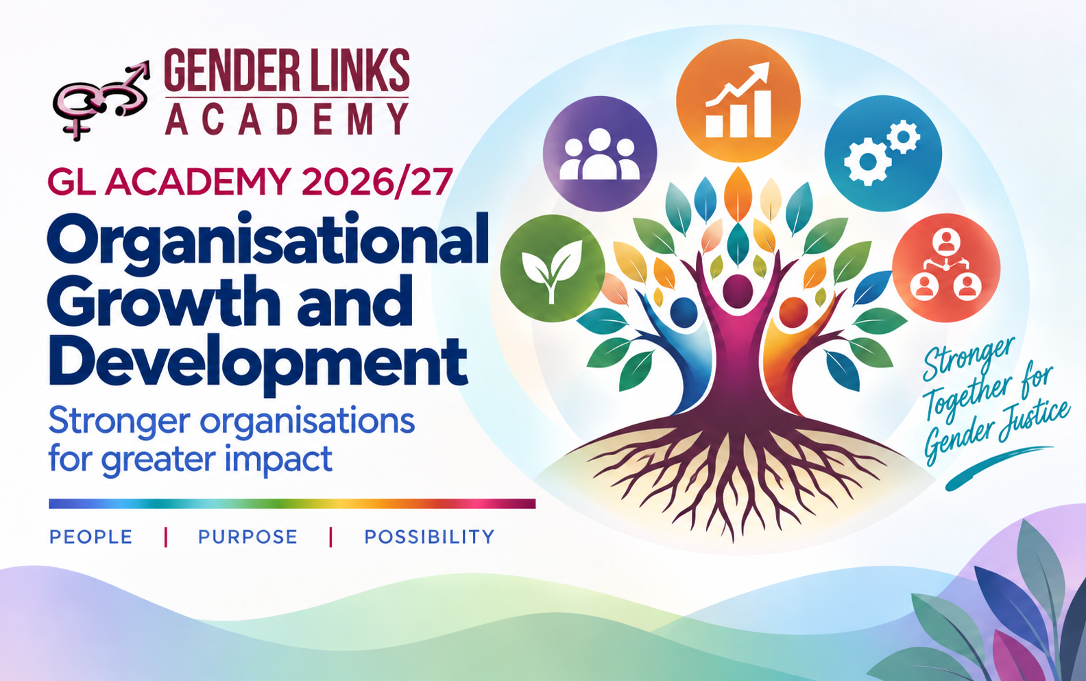 GL Academy course graphic for Organisational Growth and Development, featuring a colourful tree with people forming its trunk