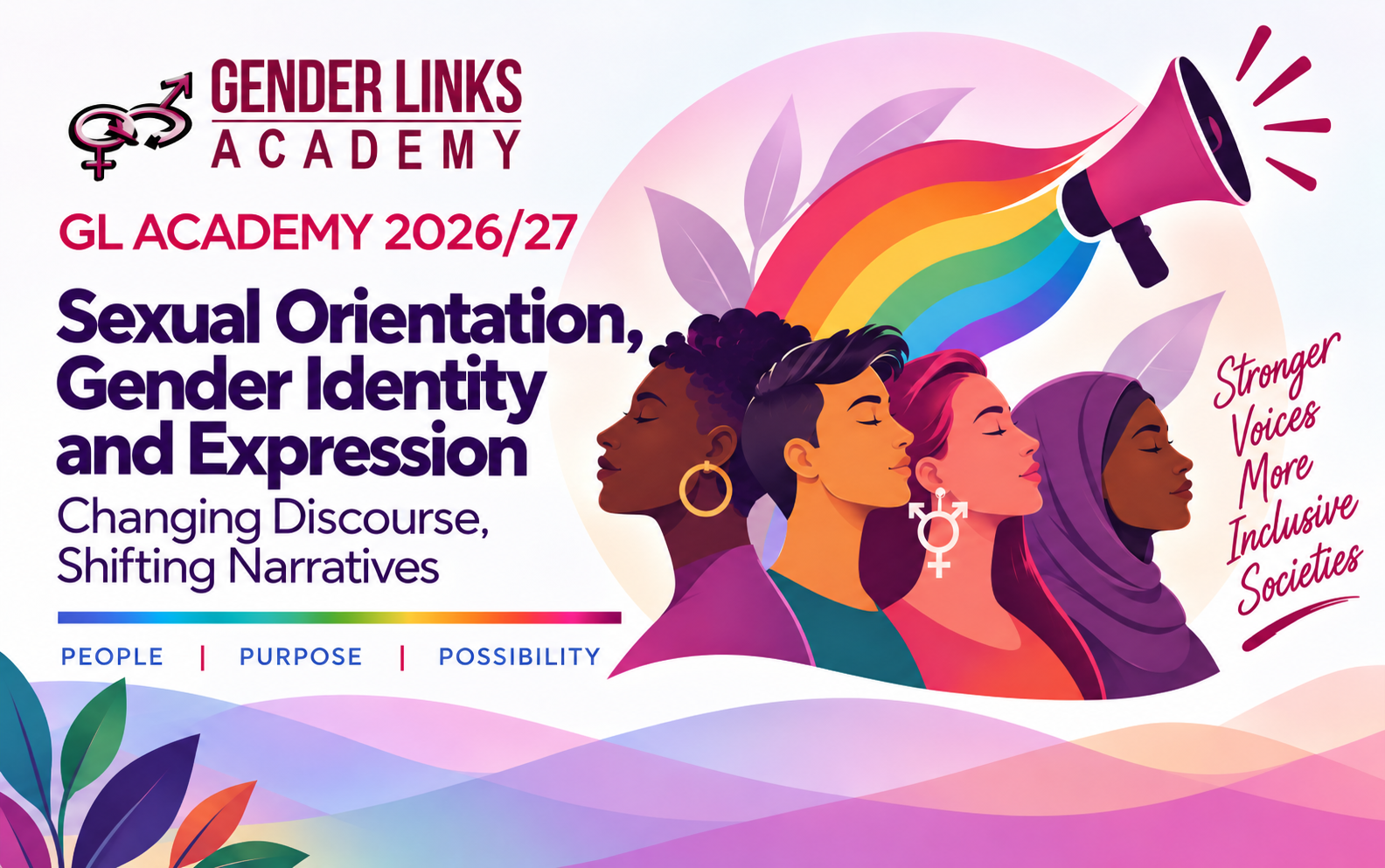 GL Academy course graphic for Sexual Orientation, Gender Identity and Expression, featuring diverse people, a rainbow and meg